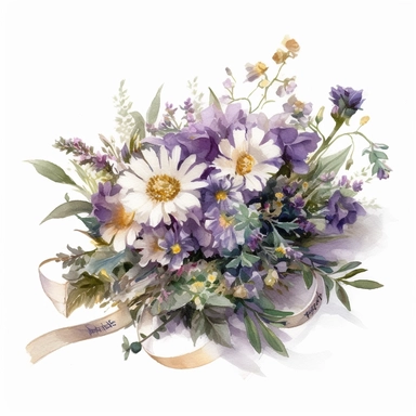a simple gorgeous wildflowers and flowers corsage with ribbon and greenery on white background clipart, purple, lilac, and lavender with touches of greenery color theme, watercolor painting realistic, high quality, vibrant, Vicente Romero Redondo, Willem van Aelst, Elsa Beskow