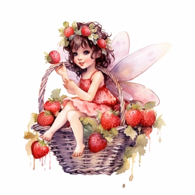 hand drawn cute fairy flying with a basket of strawberries, with blossoms, coquette style, glamorous, watercolor, white background with margins, clipart style