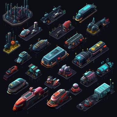 isometric, spritesheet, game assets, futuristic hovering trains, isometric perspective, game sprite, sci-fi, cute, fun, creative, cartoon, clipart, hyper-detailed, black background