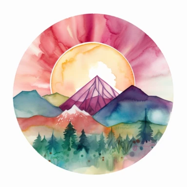 watercolor image of a sun rising over a mountain, symbolizing new beginnings and resilience., clipart, white background, purples, pinks, turquoise, greens, golds,
