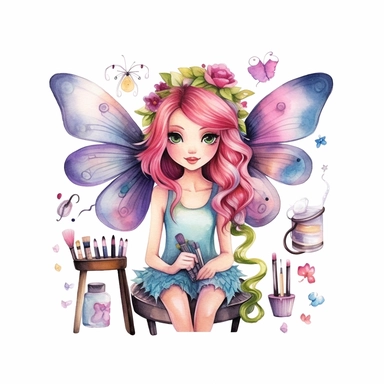cute fairy girl hairdresser, hair salon, watercolour Clipart white background
