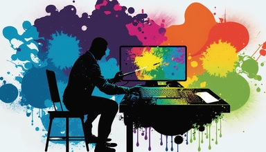 A silhouette of a designer working on a graphic tablet, surrounded by a collage of sleek, vector-based illustrations in a rainbow of colors. The background is a watercolor explosion of vivid hues, representing the current state of clipart as a versatile and diverse medium, hand-drawn, watercolor, wet paint, mixed media 4k, pantone, Dot, Large, Accent Lighting, high detail, Carbonated