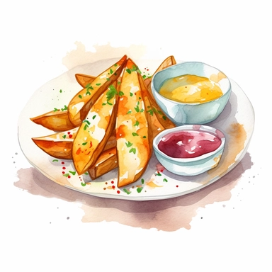 Watercolor detailed illustration ofPotato wedges served with dipping sauce on a plate, clipart, white background