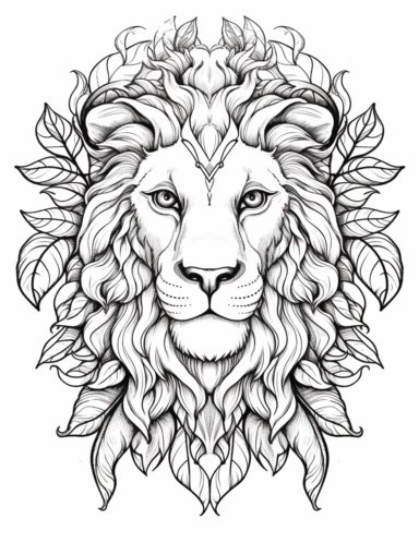Coloring book, white background, clip art, line work. Abstract Lion laying down, happy and with a butterfly.
