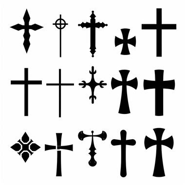 black vector icons of different designs christian crosses, on a white background, hd vector, clipart, cartoon style, minimalistic simple , 4k