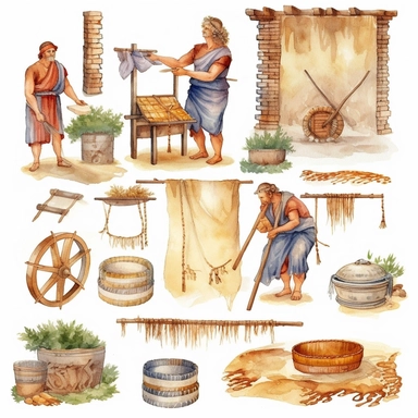 Watercolor well roman people weaving cloth , illustrations clipart set, simple, , cartoon elements, different variants , , marble elements, separate elements with a margin