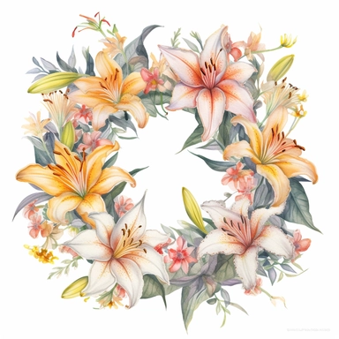 Watercolor Painting of beautiful multi - headed Lily Wreath FLOWERS on white background DETAILED ILUSTRATION, Flora Design Patterns, Flemish Baroque by Rachel Ruysch, Behance, Rococo, Intricate Detailed, Soft Light Effect, Oil Paint Strokes, Light Academia Aesthetic Flowers, Lighting cinematic, all shown shimmering stamens, tyndall light, texture, colorful, 8k, fantasy, ray tracing, vivid, spectacular lighting, octane rendering, highly detailed, ultra - realistic, white background, clipart