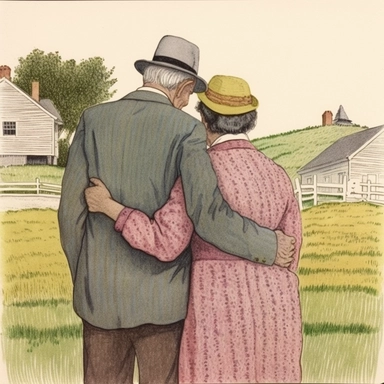 clipart, drawn in colored pencil, rear view of a man hugging his girl friend, Artist by Grandma Moses