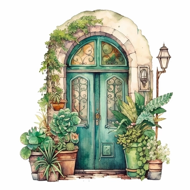 A boho style home door with watercolor effect,boho style tools,boho style big window,,boho style details,boho colors,suitable for digital clipart,white background,boho style green plants,boho flowers