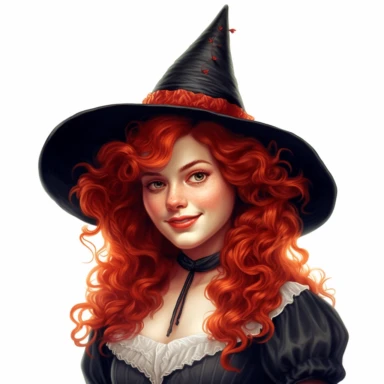 beautiful victorian witch with curly red hair and freckles wearing a pointed witch hat, looking left, victorian hairstyle, victorian witch hat, Victorian era clothing, beatiful smile, realistic inverted portrait white background, high quality, hyper-realistic, witch Clipart,red dress