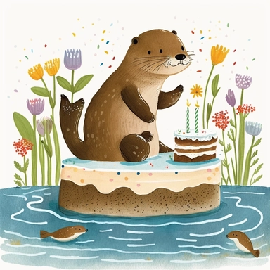 clipart, beautiful smiling,Otter,with birthday cake, Usborne and Eric Carle,