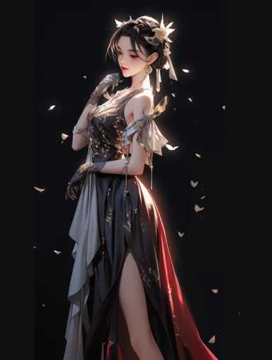 3d artist, 3d model, whole-length,epic ink - curved shot,in the style of realistic and hyper-detailed renderings,1girl, solo, looking up, sideways, delicate face,art by Mianlang,watercolor painting,exquisite decorations,upper body, clothes flying, hair flying, petals flying, black hair, dress, hair accessories, Hanfu, pink dress, long hair, long sleeves, flowers, jewelry, tassels, strapless , sleeves, wide sleeves, Hanfu, red eyes, red lips, flowers, hair clips, hair bands, forehead prints, porc