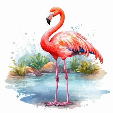 watercolor illustration of a beautiful and cute ping flamingo in nature clipart, in the style of realistic watercolor paintings, realistic, detailed, bright colours, white background, clipart, detailed
