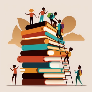 BLACK AND BROWN COLLEGE STUDENTS USING A LADDER TO CLIMP TOP OF A STACK OF BOOKS, SOME STUDENTS ARE HELPING EACH OTHER UP THE LADDAR,VECTOR, CLIPART