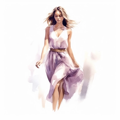 watercolor style, beautiful woman in summer dress in shades of mauve and white, realistic, clipart, isolated on white background, 4K