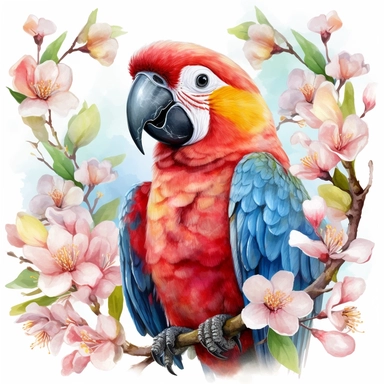 A cute happy parrot sitting proudly on a spring branch, looking off into the camera, with a few spring blossoms and leaves framing the scene, vivid colors, watercolor by Thomas W. Shaller, clipart, solid background, 8k