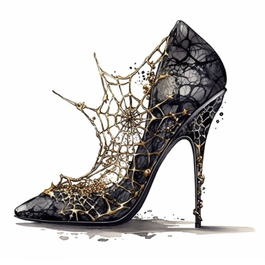 Idyllic watercolor and ink clipart of spiky high heel shoe, dark gothic black gothic cobweb design with gold accent, isolated on a white background, dark moody colors, highly detailed, ultra-realistic
