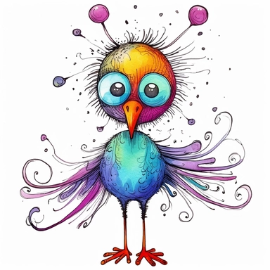Funny colorful cartoon bird like a pompon clipart with big beautiful eyes and long beautiful legs, distinct fine details, watercolor technique, black contour lines