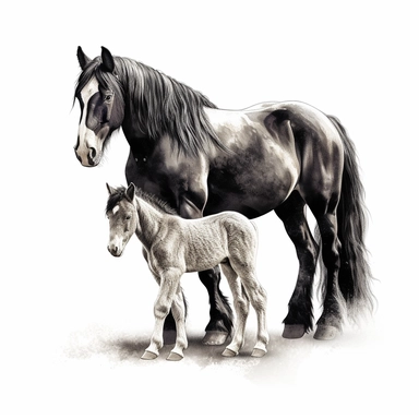 shire horse horse and foal in the style of digital airbrushing realistic yet stylized, digitally enhanced, clipart, 32k uhd, detailed crosshatching white background