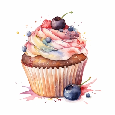 Watercolour of a cupcake, Clipart,Cartoon,hyper realistic, intricate detail isolated on a white background, high quality, sublimation, detailed, cartoon style