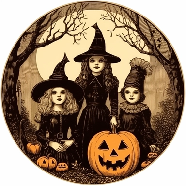 vintage haloween clipart in medium of block print