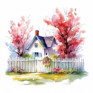 clipart, isolated on white background, beautiful cute Watercolor Spring Cottage - cute little house with fence and chimney, tree and flowers, ornated, vivid and saturated colors