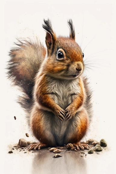 Woodland Animal Clipart Watercolor, cute, lovely, happy, funny, friendly full body furry brown grey red baby Squirrel, large emotive eyes, intense gaze, looking straight, large fluffy tail, white background, no plants, no grass, nursery clipart