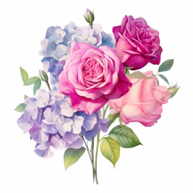 Design a dreamy watercolor clipart of a Bouquet of roses, peonies, and hydrangeas in vibrant shades of pink, purple, and blue arranged in a traditional Korean hanbok-inspired design composition, hand-painted with soft and graceful brushstrokes. Draw inspiration from the artistic finesse of Ethereal Petals Watercolors for a refined and ethereal depiction. isolated on a white background, hand-drawn illustration, hand-painted watercolor texture, 16k UHD resolution, intricately detailed, sharp focal