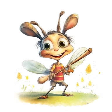 children book illustration. cartoon beauty cricket happy in a garden. Watercolor clipart. Pixar animation