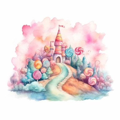 A clipart image on a white background of a colorful and vibrant cotton candy land is depicted in a childish and magical atmosphere. The image is made with soft and bright watercolors. It shows cotton candy clouds, rainbow-colored trees, and candy-coated mountains in the background. The foreground shows a pink and blue candy castle with a winding candy cane road leading up to it. The overall effect is fun, playful, and dreamlike.