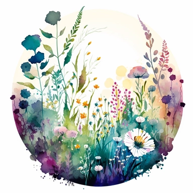 Stunning watercolor clipart portraying a blooming flower meadow. circular design on white background. flowers growing around the circle. Channel the fluid and ethereal quality reminiscent of Monet's Impressionist style. Play with natural and artificial lighting to create dappled shadows. white background. Employ a harmonious color palette combining pastels and bold contrasting colors. Utilize a wide-angle lens to capture the expansive view of the field, framing the focal point off-center for a d