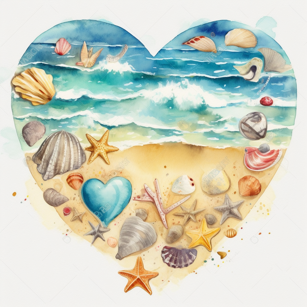 Heart Beach, Retro Beach, Beach Heart, Sunshine, Watercolor Beach Heart 