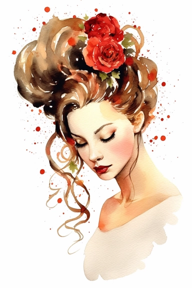 a cute cartoon pretty young Girl with a high gold colored bun and red roses sparkling around her profile, long curly hair with mini flowers in head, portrait, daydreaming expression in watercolor form, sarah kay and holly hobbies, clipart, watercolor, smiling, on a white background, daydreaming expression in watercolor form