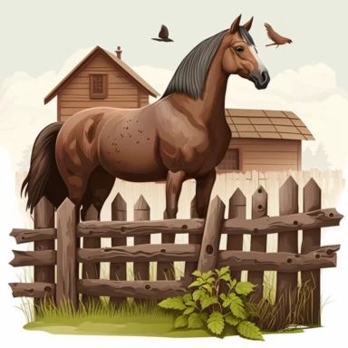 This prompt will generate high quality and BEAUTIFUL clipart of a brown Horse eating hey by barn pigeon sitting on fence post, farm in background that you can use as designs fictional book