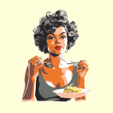 vintage 1950s illustration black woman eating Clipart, on a white background, vintage aesthetic, character focus, 4K resolution, no background, realistic rendering, use using Cinema 4D