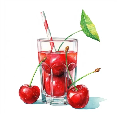 An Cherry fruit with a straw inserted, as if ready to be juiced or drink, Watercolor, pastels, clipart, beautiful, colourfull, png transparent white background, high resolution, no caption q4 s2