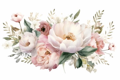Dusty pink and white flowers, ranunculus, peonies, austin roses, big blooms, with muted green whispy foliage with gold flicks, elegant and beautiful floral clipart for wedding invitations, delicate, watercolor, oil painting, defined edge on white background