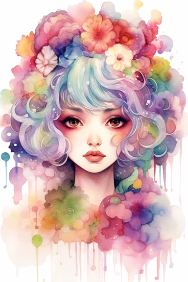 Fairy tale girl with a beautiful innocent kawaii 80s painting Watercolor clipart, hugh eyes