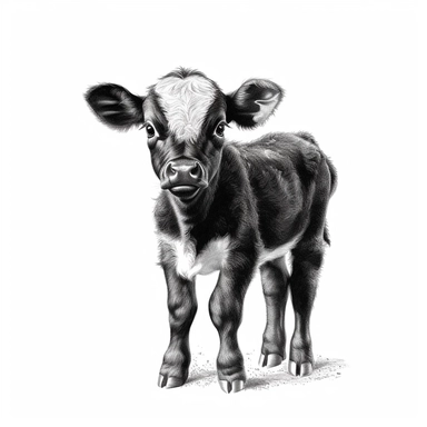baby cow black and whtie, animal farm, high detailed clipart style, white background