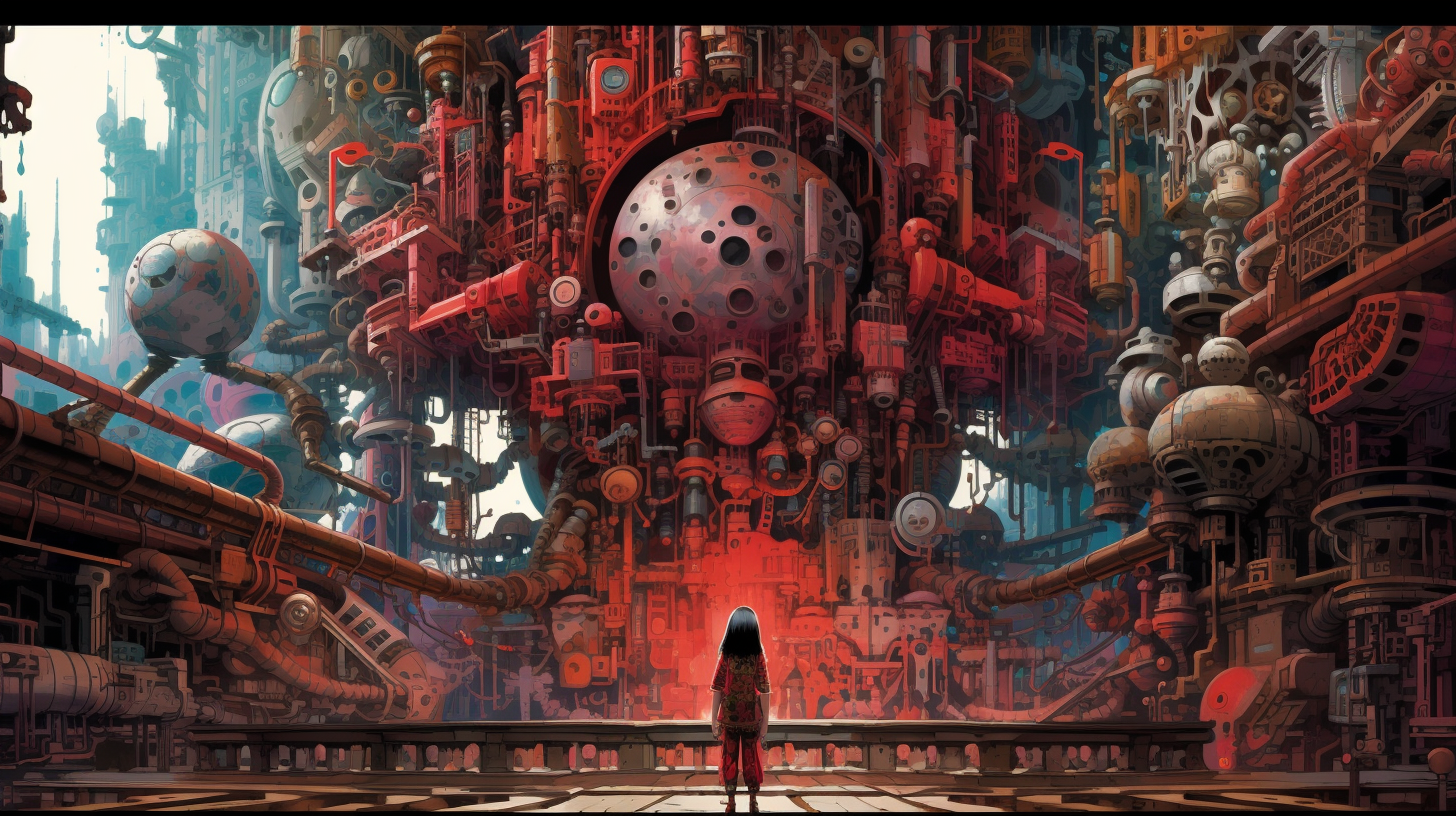 The little girl stands in the huge temple of pipes and machinery ...