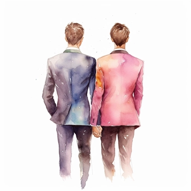 watercolour gay wedding couple from behind, clipart on white background, highly detailed, professional color gradation, clean sharpness