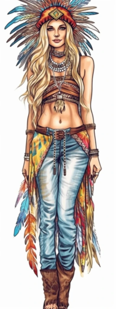 woman in standing fashion pose clipart, Bohemian, exotic, blue eyed and blonde haired woman with a colorful indian chief headdress with long feathers on her head, standing fashion pose with cowboy boots, lotus choker, large earings, tattoos, hands in prayer, wearing her heart on her sleeve, watercolor illustration, in th e style of Job ID: 604300f4 - 6984 - 4a9a - aa16 - 00313a985d77 Seed: 1300855054