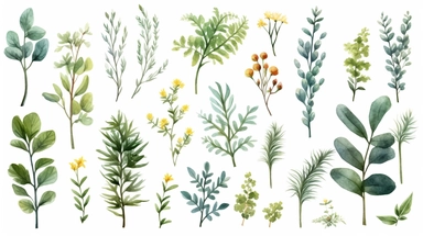 Create a set of watercolor clipart featuring enchanting woodland foliage on a transparent background. Use vibrant watercolor techniques to capture the lush greenery, delicate leaves, and intricate details of plants such as ferns, moss, ivy, and wildflowers. Each foliage element should exude a whimsical and organic feel, perfect for adding a touch of nature to any design project. The transparent background will allow for seamless integration, providing designers with the flexibility to incorporat