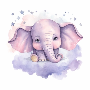 watercolor cute baby girl elephant sleeping on cloud with bowtie on head clipart, mauve pink, stars in background, on a white background