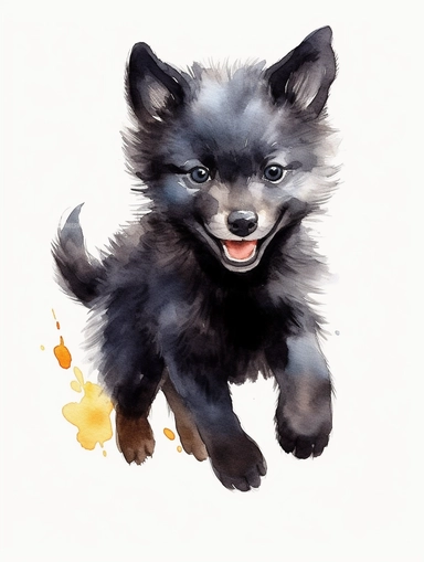 cute happy black wolf cub running, pastel watercolor, clipart, solid background