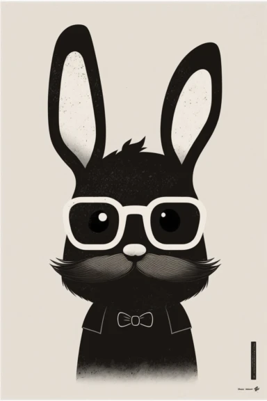minimalistic pixar style clipart, minimalistic nordic style clipart, anthro hipster rabbit with mustache, minimalistic black and white color palette,