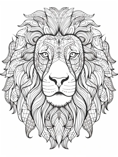 Coloring book, white background, clip art, line work. Abstract Lion laying down, happy and with a butterfly.