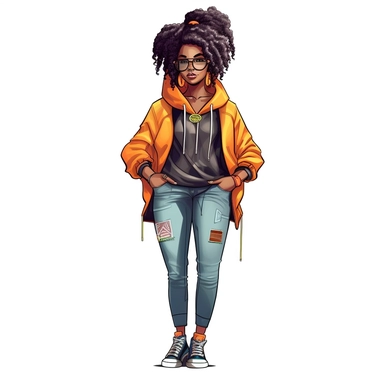 trendy black girl wearing streetwear, cartoon style, clipart