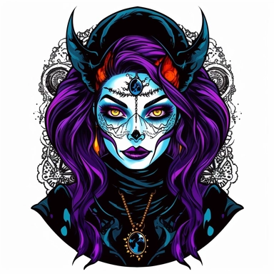 Create a clipart of a goth woman with glowing eyes, wearing a vibrant and colorful outfit. Ensure the image has intricate details and crisp lines, with a clean white background