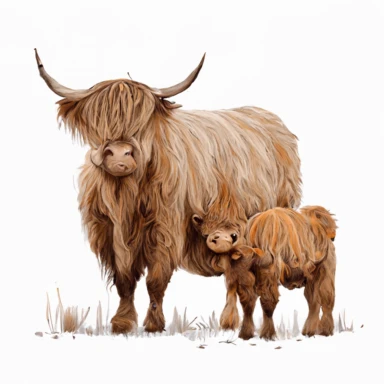 clipart style highland cow with her child intimately stand together